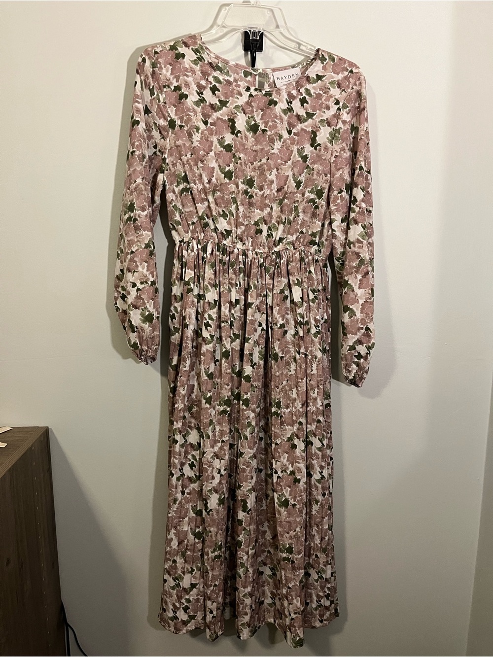 HAYDEN Mauve Floral Long Sleeve Elastic-Waist Midi Dress with Pleated Skirt